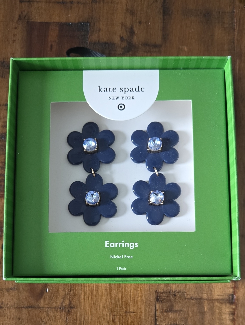 kate spade navy double flower drop earrings with crystal centers